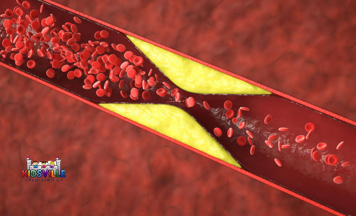 A close-up view of a blood vessel filled with numerous red blood cells flowing through it.