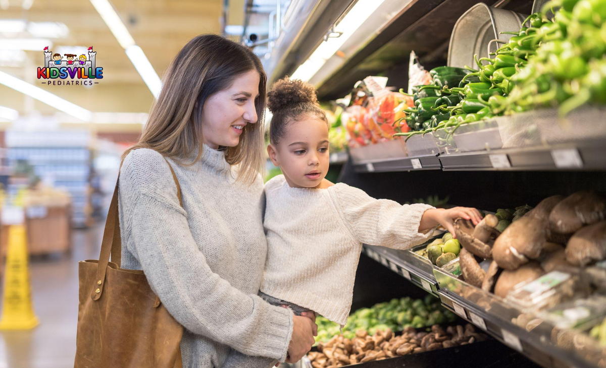 A grocery shopping mom and her kid.