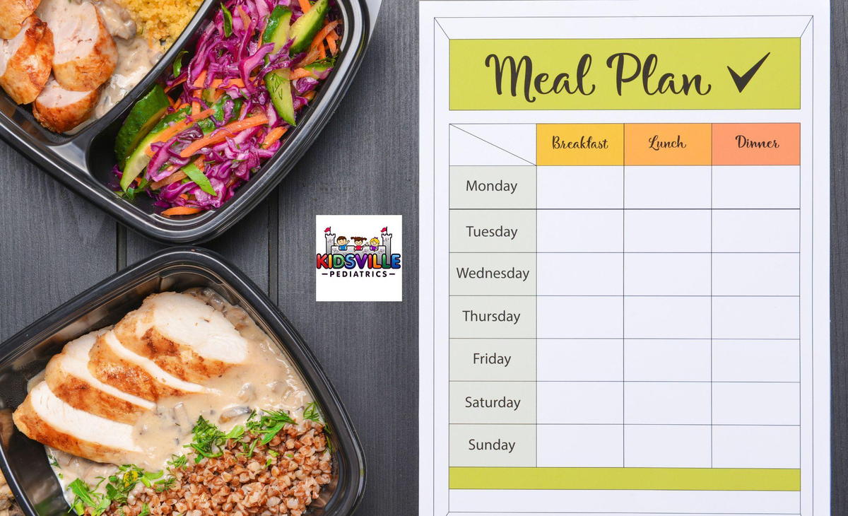 Meal plan beside two healthy dishes.