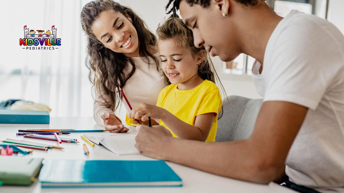 Parents helping their daughter study.