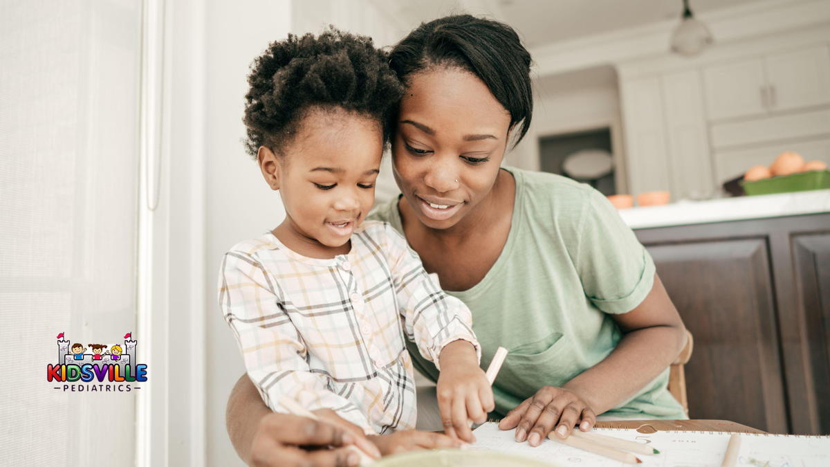 A woman teaching her child.