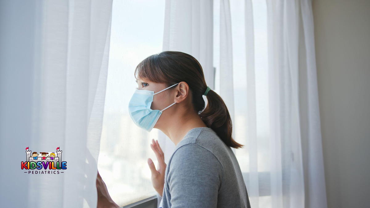 A woman wearing mask seemingly quarantined.