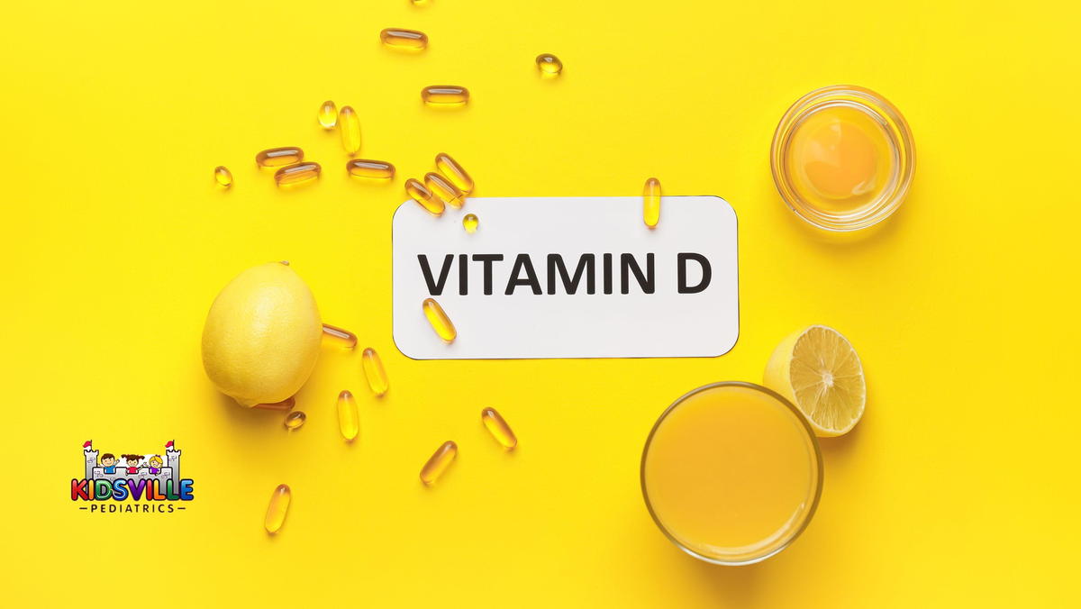 Text VITAMIN D and Different Healthy Products on Yellow Background