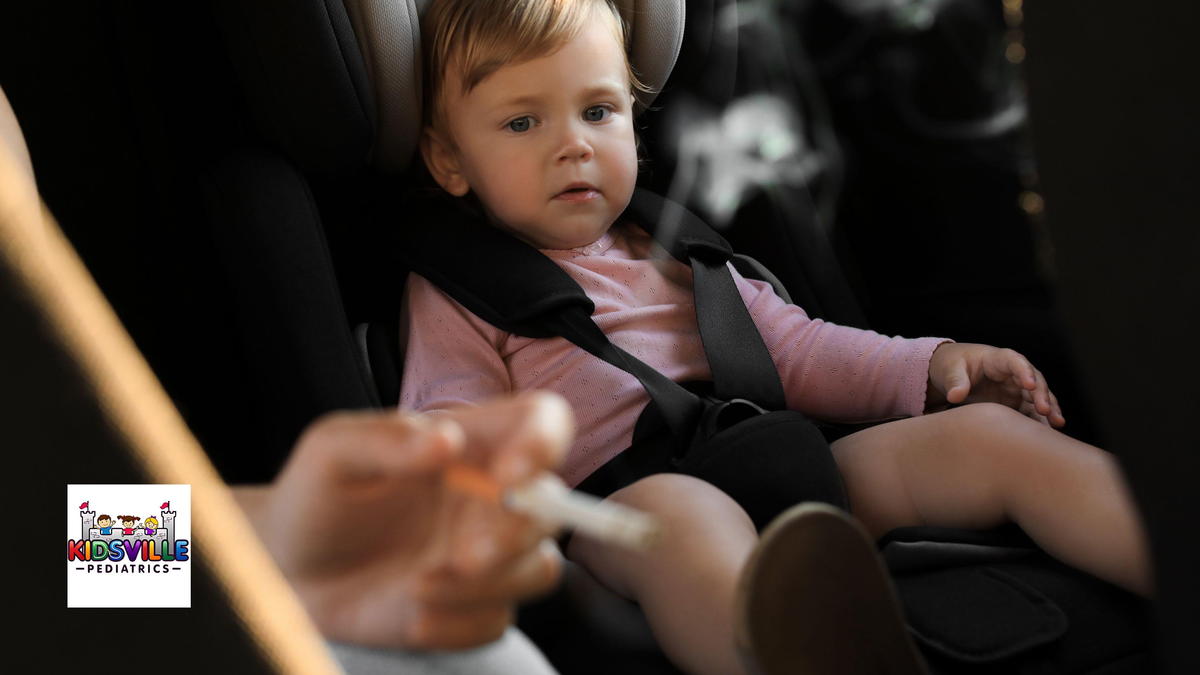 Mother with Cigarette and Child in Car, Closeup.