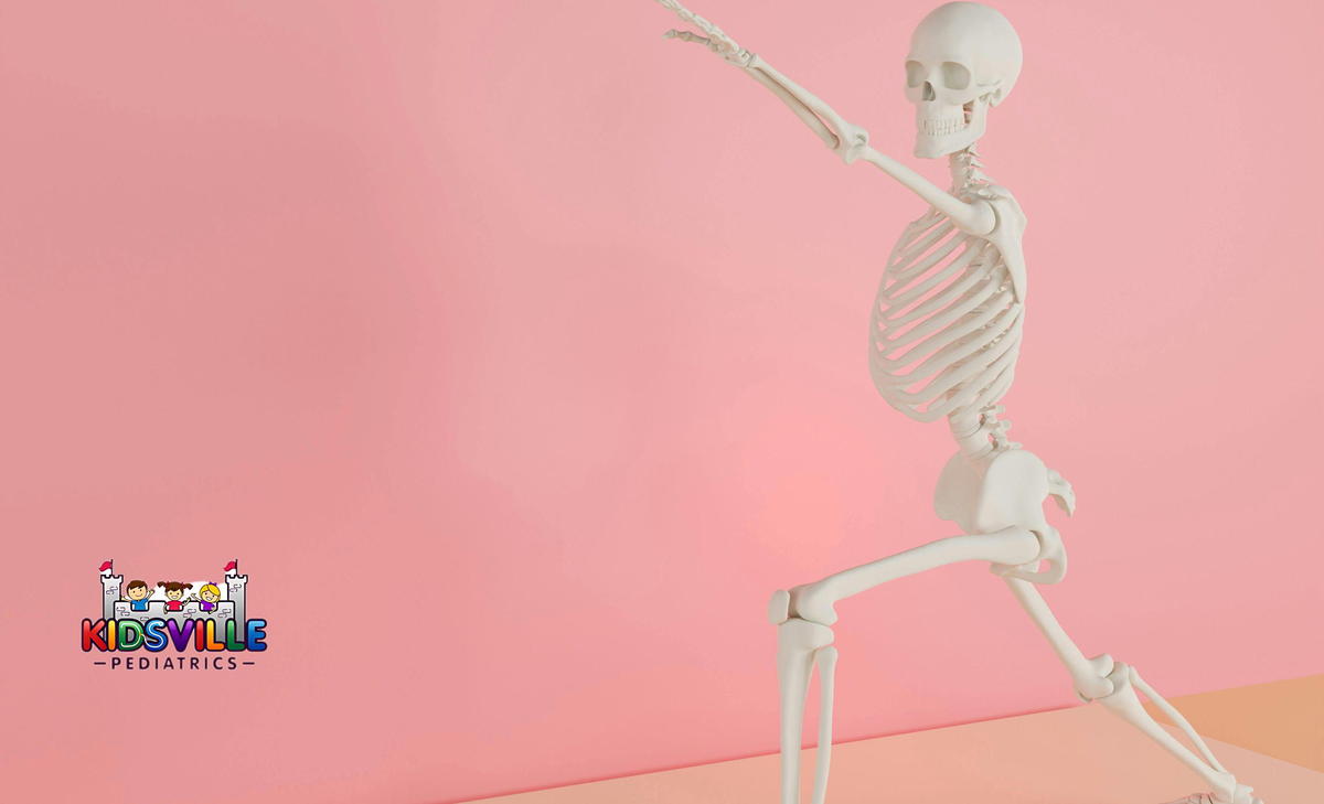 Human Skeleton Stretching in Pink Studio