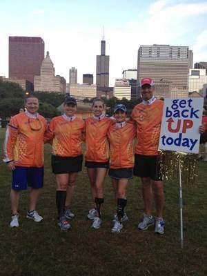 (From left) Rick Lusiak, Allard district manager;  Barbie Barnett; Lisa Victorius; Beth Deloria and her husband, Jim, participated in the Chicago Half Marathon on July 21. Â“Beth goes around the U.S.Â” running and sharing the message to get back up. She is why I have the brace, which changed my life,Â” Barnett said.  |  Submitted