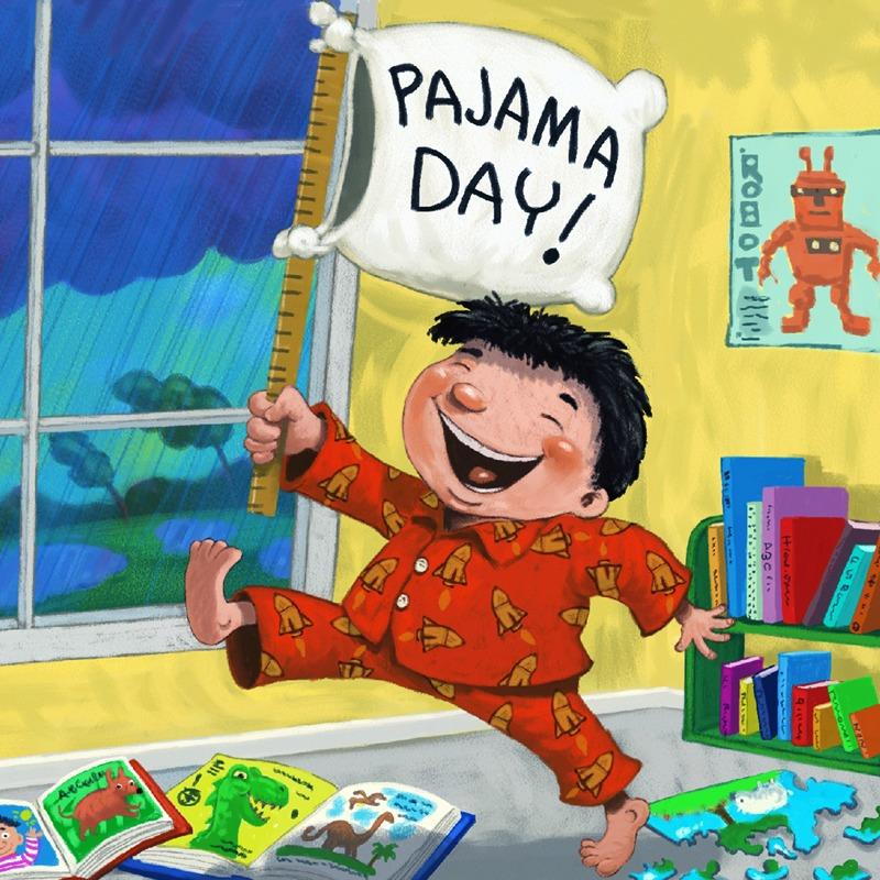 cartoon with kid holding flag saying pajama day