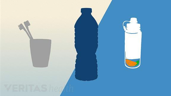 Illustration of two water bottles and two toothbrushes in a cup