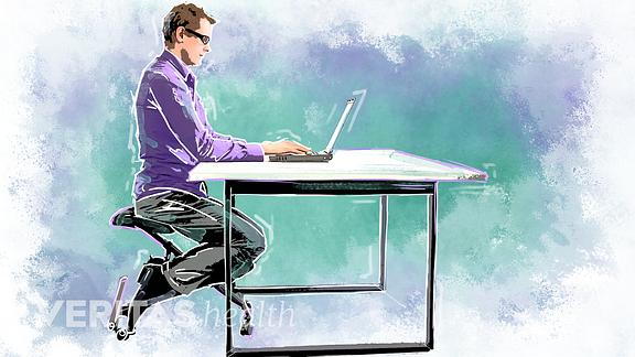 illustration of a man using a kneeling chair at a desk