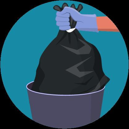 Illustration: gloved hand disposing trash into garbage pale